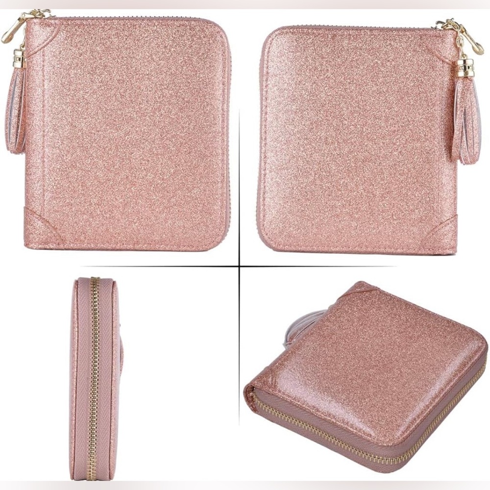 Pink Glitter Credit Card Holder Wallet Zip Leather Card Case RFID Blocking